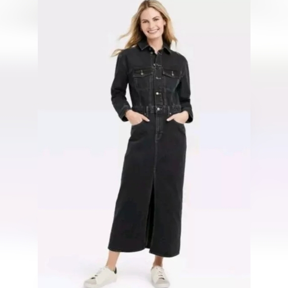 Women's Long Sleeve Denim Maxi Dress - Universal Thread Black Wash 0 - Picture 1 of 15